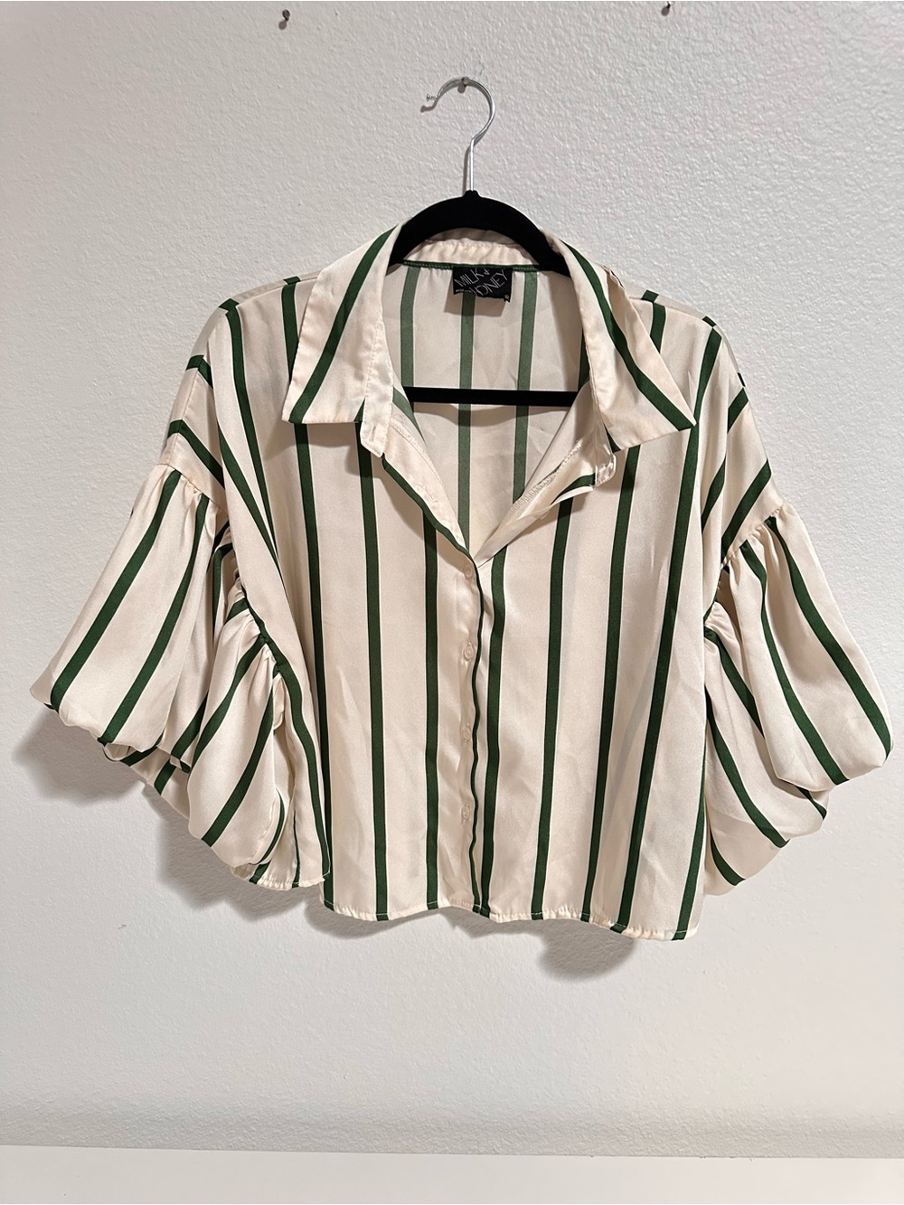 Striped Puff Sleeve Button-Front Blouse - Green/Creme